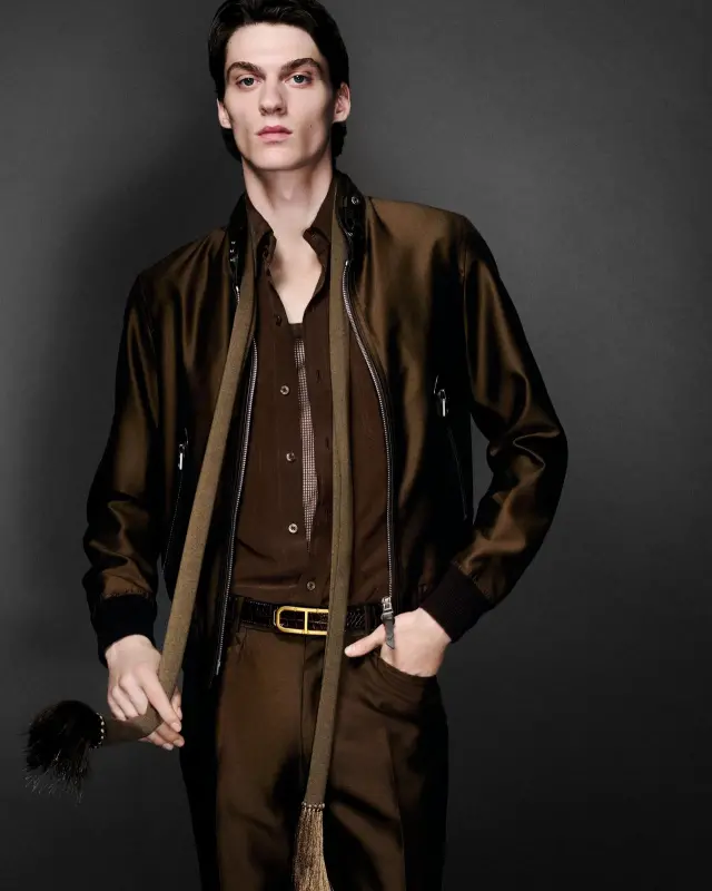 WOOL SILK FAILLE BIKER JACKET CIGAR online